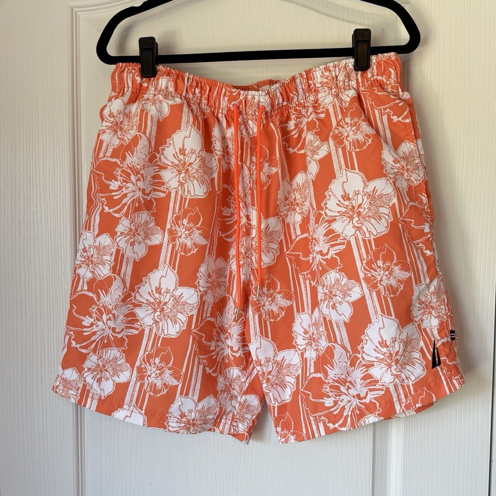 Nautica Swim Trunks Mens XL Hibiscus Striped Orange Quick Dry Lined Pocket